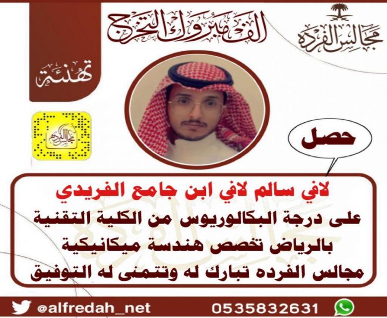 حصل لافي بن سالم بن لافي ابن جامع الفريدي  على درجة البكالوريوس